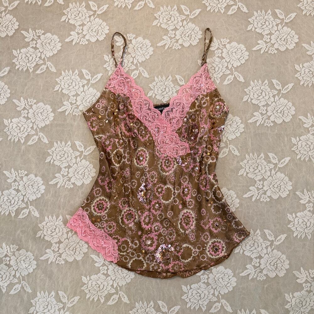 Vintage Y2K Bebe Silk Sequin Lace Cami Top Size L